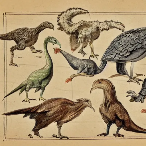 Image similar to vintage parchment with a sketch of a group of feathered dinosaurs with full descriptions, 8K, HD, highly detailed, high quality