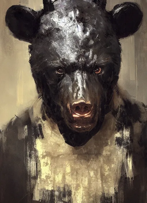 Image similar to portrait painting of anthropomorphic black bear samurai by jeremy mann, only one head single portrait