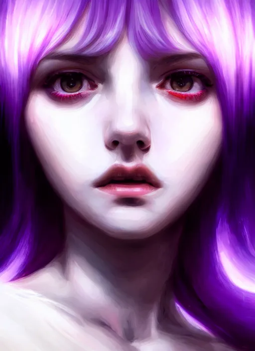 Image similar to hair whitebangs hair, black hair, whitebangs, portrait of teenage girl with white bangs, red irises, purple clothes, white bangs, bangs are different color from hair, intricate, elegant, glowing lights, highly detailed, digital painting, artstation, concept art, smooth, sharp focus, illustration, art by wlop, mars ravelo and greg rutkowski