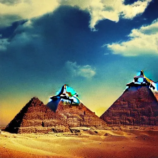 Prompt: egyptian pyramids under beautiful sky. beautiful art, poetic, artistic, cinematic, fantasy, beautiful composition