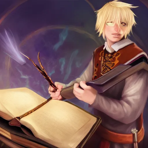 Prompt: A mage with blonde hair reading a spell book with a wand strapped to his back. Fantasy, digital painting, HD, 4k, detailed.