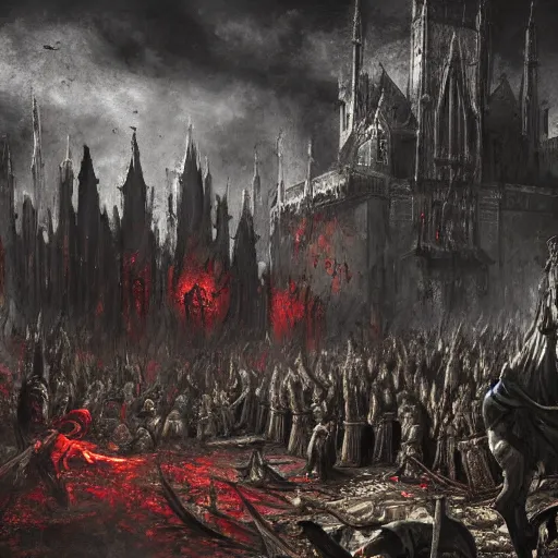 Image similar to a religious scene, chaos, night, rot, blood, epic art, dark souls, highly detailed, intricate background