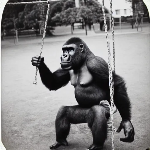 Prompt: polaroid photo of gorilla sitting on swing in playground, black and white,