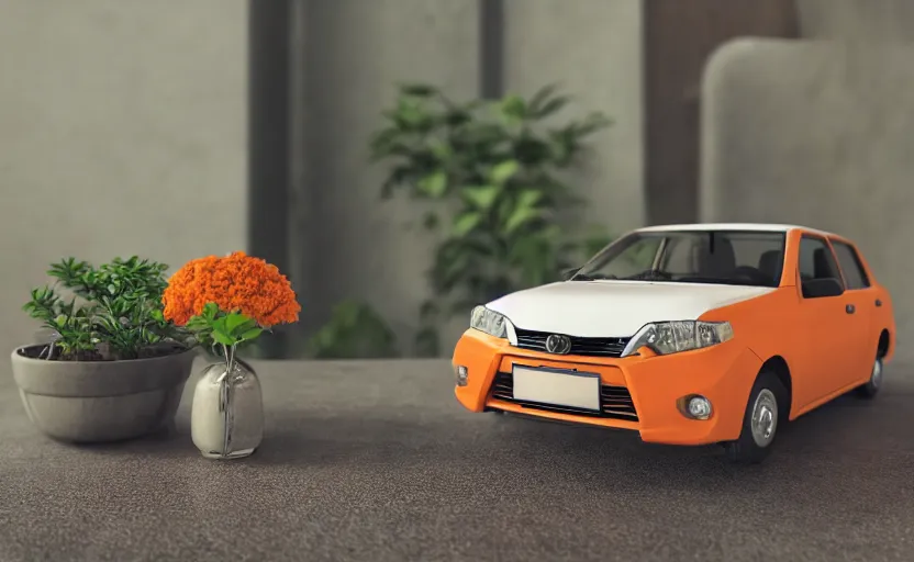 Image similar to a small miniature of a orange Toyota Corolla KE20 on a white table near a book and a vase with a plant, hyperrealistic, concept art, octane render, unreal engine 5, path tracing, complementary colors, calm, relaxing, serene, product photo, centered, symmetrical