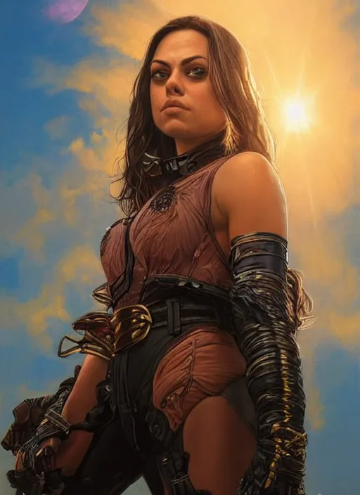 Prompt: epic portrait of Mila Kunis wearing black choker, a very strong muscled Amazon heroine, sun beams across sky, pink golden hour, intricate, elegance, highly detailed, shallow depth of field, epic vista, concept art, art by Artgerm and Donato Giancola, Joseph Christian Leyendecker