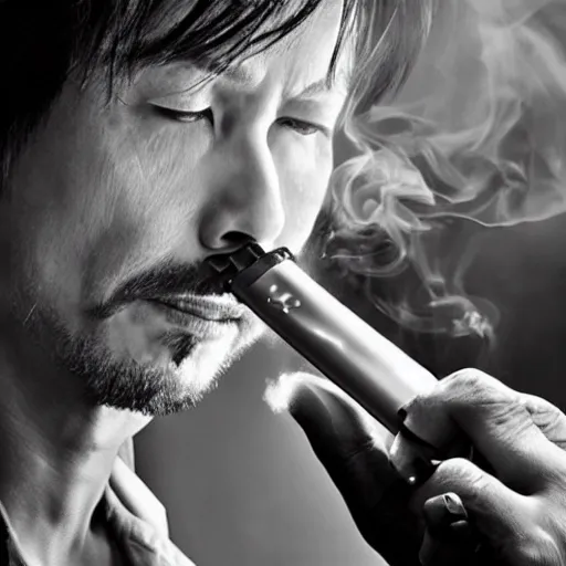 Image similar to photorealistc photograph of hideo kojima smoking a vape. black and white. intricate detail, volumetric smoke