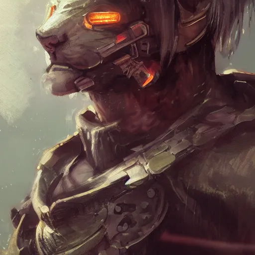 Image similar to portrait male anthro tiger dressed in military clothes character full body precis no blur, concept art, character sheet, nier automata, gaston bussiere, greg rutkowski, tsutomu nihei, cyberpunk, trending on artstation, featured on pixiv, hyper detail, cinematic composition, 8 k