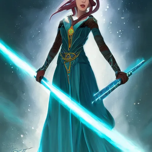 Image similar to a beautiful tarot card of sona with teal colored hair with deep red highlights as a jedi, female, league of legends, space fantasy, in the style of magic the gathering, intricate, elegant, highly detailed, digital painting, artstation, concept art, matte, sharp focus, illustration, art by greg rutkowski and alphonse mucha