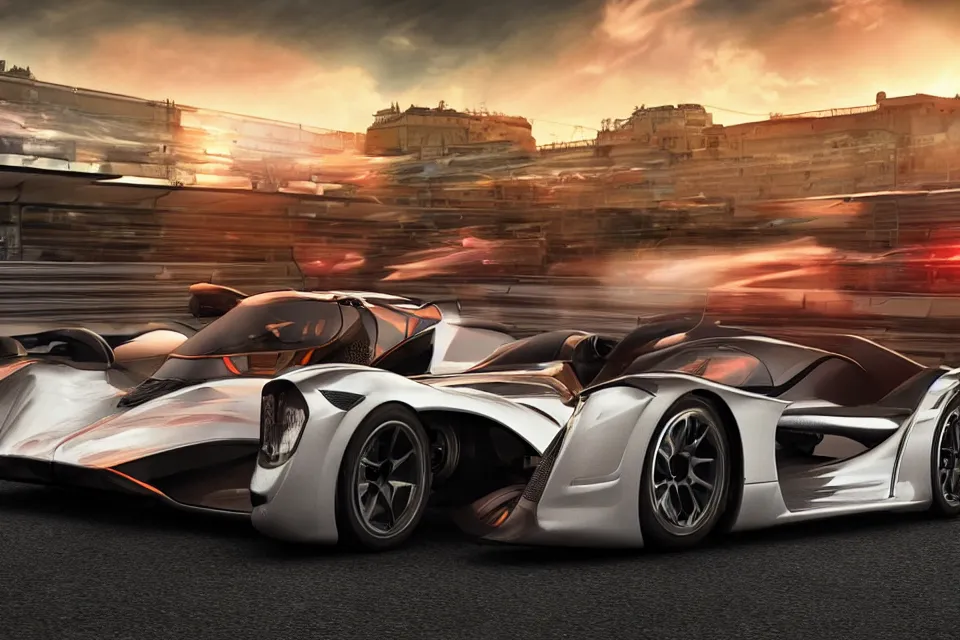 Image similar to Futuristic Hover Car Le Mans Races In Italy Circa Year 10,0000, Hover Vehicles Designed by Syd Mead and Pininfarina, beautiful sunset, photorealistic, hyperrealistic, octane render, HDR, IG Studios Anime Style