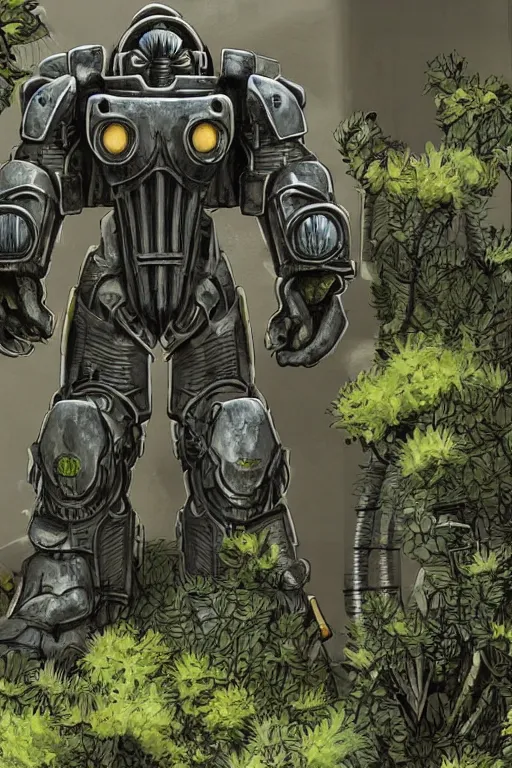 Image similar to Power armor enclave from Fallout 2 stands on a street overgrown with plants, high detail, smooth, clear focus, realism,