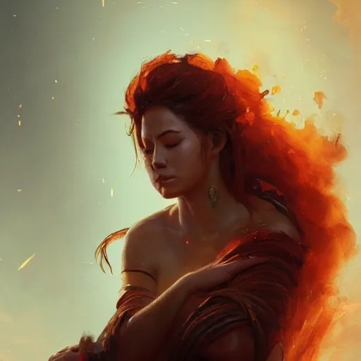 Image similar to a beautiful portrait of a fire goddess with closed eyes by greg rutkowski and raymond swanland, trending on artstation, flaming background, ultra realistic digital art