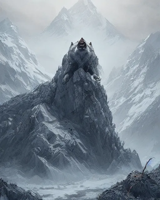 Image similar to a huge mountain in the shape of a wolf, terrifying, environment art, fantasy art, landscape art, in the style of greg rutkowski, illustration, epic, fantasy, intricate, hyper detailed, artstation, concept art, smooth, sharp focus, ray tracing