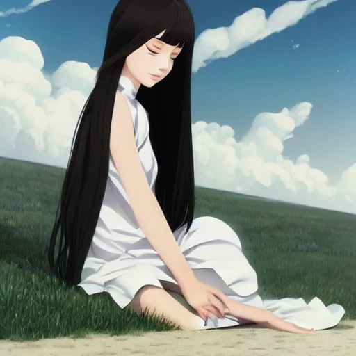 Prompt: little girl with her long black hair flower, dressed in a simple white dress, anime art style, digital artwork made by ilya kuvshinov, inspired in balthus
