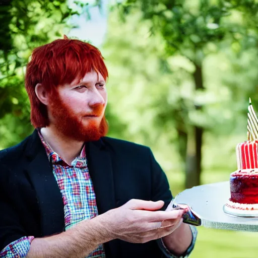 Image similar to Red haired man, dressed with a turbant, with a birthday cake