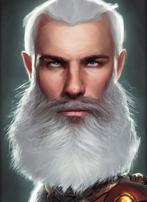 Image similar to man with short white hair and white circle beard, dndbeyond, bright, colourful, realistic, dnd character portrait, full body, pathfinder, pinterest, art by ralph horsley, dnd, rpg, lotr game design fanart by concept art, behance hd, artstation, deviantart, hdr render in unreal engine 5