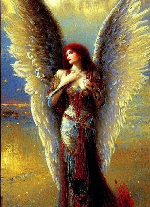 Image similar to vertical prtrait of an angel knight gothic girl, baroque dress. by gaston bussiere