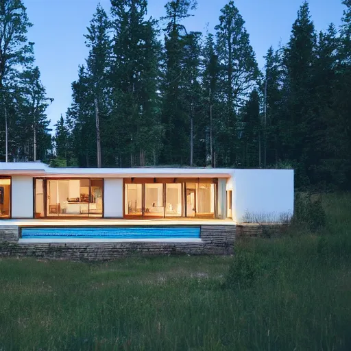 Image similar to wes anderson style modern house near the lake