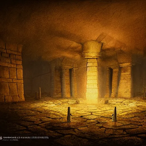 Prompt: vast underground cavernous necropolis with a candle illuminating it, digital painting, dimmed lighting, brown tint, gloomy, photorealistic