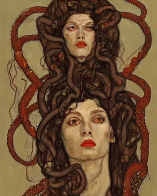 Image similar to portrait of medusa with many pythons by greg rutkowski in the style of egon schiele