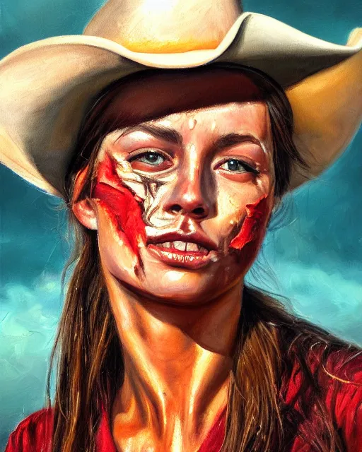 Prompt: oil painting portrait of cowgirl with small burn scar, high production value, intricate details, high resolution, hdr, high definition, masterpiece, realistic, ultrarealistic, highly detailed, hd, sharp focus, non blurry, sharp, smooth