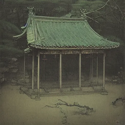 Image similar to small pavilion in the forest, by lang jingshan,