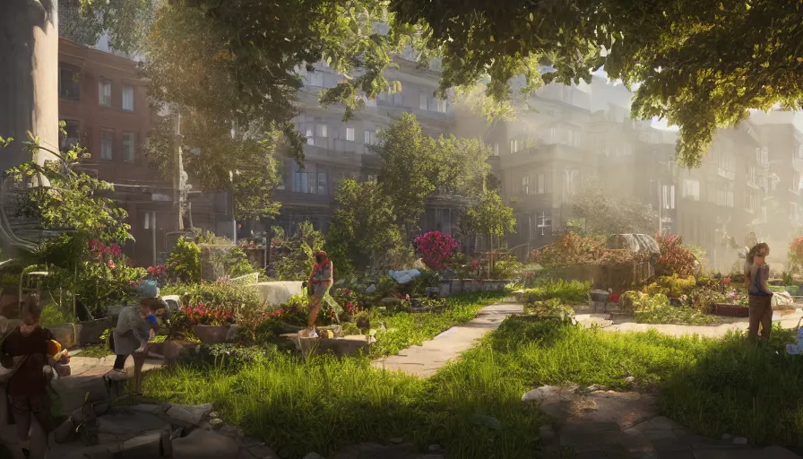 Prompt: craft garden with people working on it built in destroyed washington dc, sunny day, volumetric light, hyperdetailed, artstation, cgsociety, 8 k