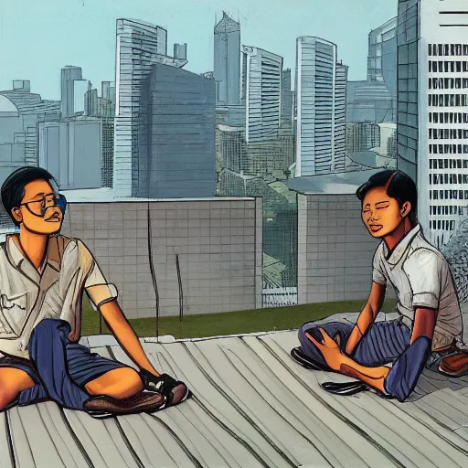 Image similar to art of two singaporean students in uniform sitting on the roof of a hdb flat, by moebius