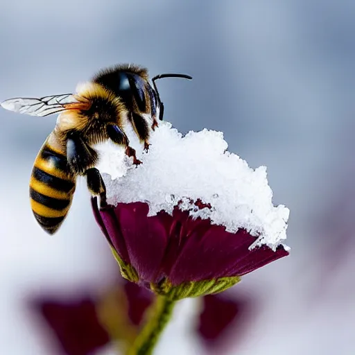 Prompt: a bee finding a beautiful flower made of snow in antarctica, only snow in the background, beautiful macro photography, ambient light