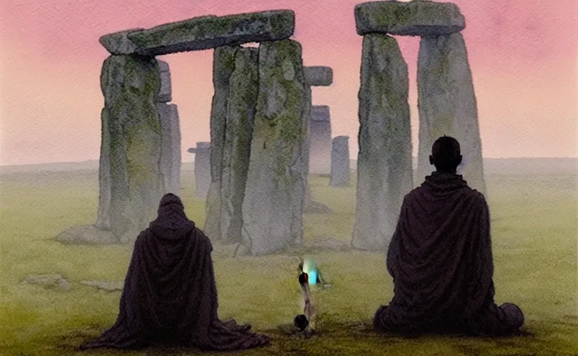 Prompt: a hyperrealist watercolour character concept art portrait of a grey medieval monk kneeling down in prayer in front of a tall alien structure built on top of stonehenge on a misty night. by rebecca guay, michael kaluta, charles vess and jean moebius giraud