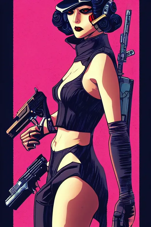 Image similar to comic cover art of a cyberpunk ( flapper girl ) holding a revolver, inspired by gunsmith cats and sin city, by jenny frison and sana takeda, intricate details, stunning inking lines, stunning gradient colors, 4 k, hd, artstation