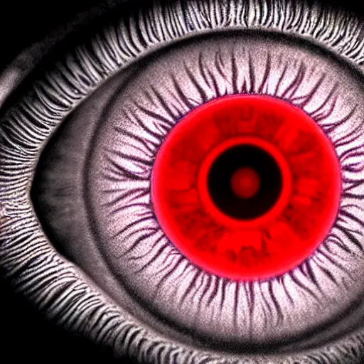 Image similar to a detailed extremely close up of inside the iris, cornea, red image, microscopic, extremely close up drawing by junji ito, cgsociety, generative art, lovecraftian, parallax, cosmic horror, extremely detailed, hyperrealism, unreal engine, octane render, award winning, masterpiece, highly detailed, realistic, 4 k, digital