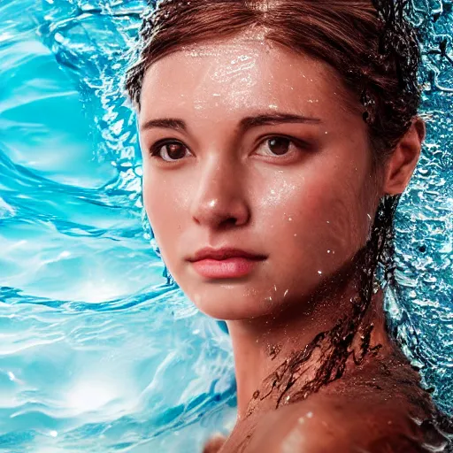 Prompt: water artwork manipulation in the shape of a beautiful female head, on the ocean water, ray tracing, realistic water sharp focus, long shot, 8 k resolution, cinematic, amazing water art, hyper realistic