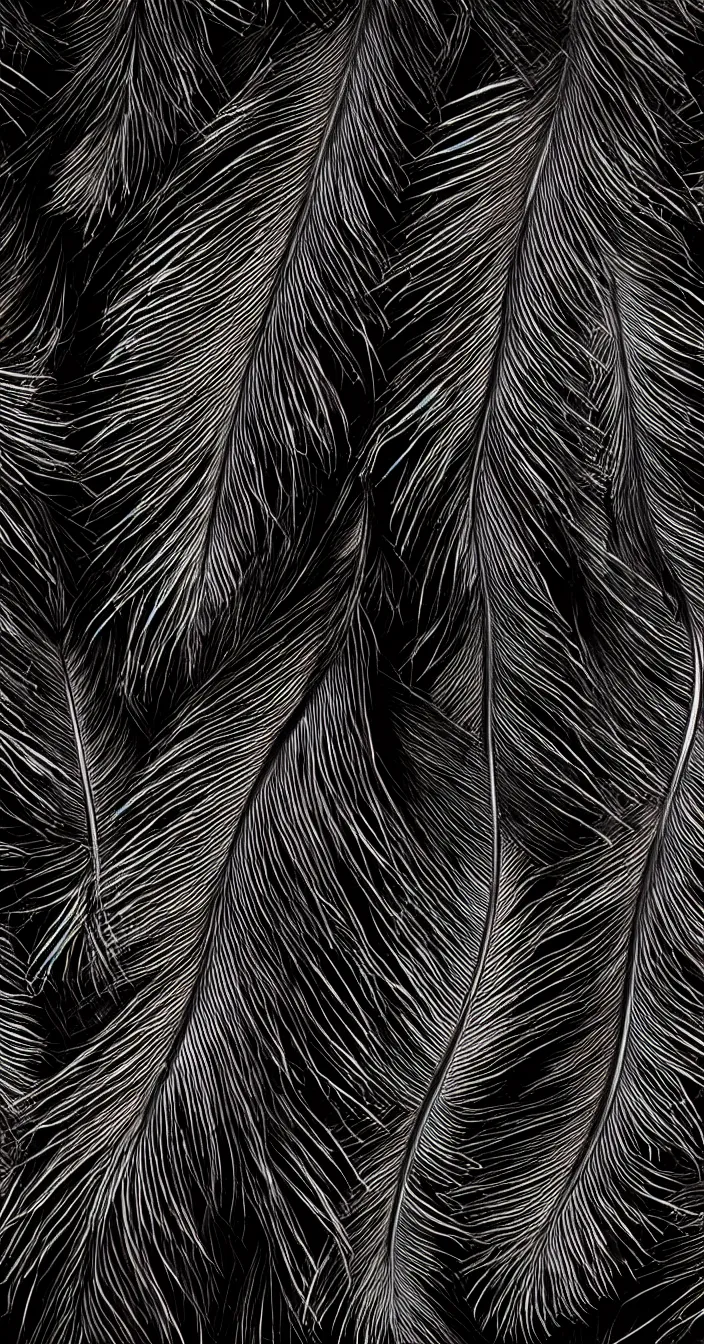 Prompt: highly detailed realistic photo of feathers on dark background, very sharp focus, dark background, award winning masterpiece photography, hyper realistic, concept art, 8 k detail post - processing