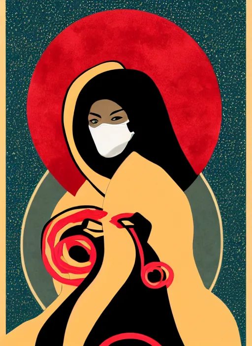 Prompt: portrait of a woman with a mask on his face in the form of a spiral in a golden kimono, full face, against the background of a bright red moon, sad motif, by shepard fairey, dramatic, soft colors, futuristic, 8 k