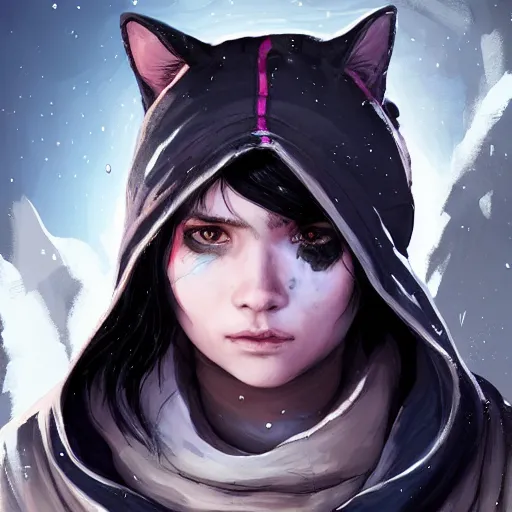 Prompt: a pale young girl with black hair, 1 8, in a hoodie, and a cat, apex legends character, digital illustration portrait design, by android jones and greg rutkowski, retrowave color scheme, detailed, cinematic lighting, wide angle action dynamic portrait