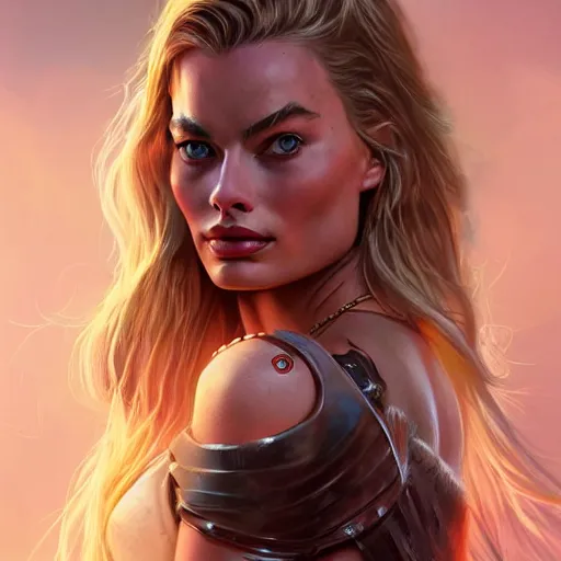 Image similar to Beautiful warrior huntress Margot Robbie has a battle scar, by WLOP by artgerm, trending, 4k digital art