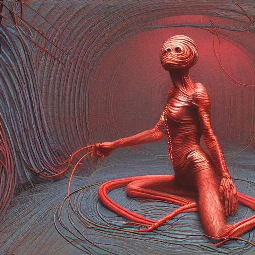 Prompt: alien woman wrapped around by tubes and cables, glowing red, by Edgar Maxence and Ross Tran, Zdzisław Beksiński, and Michael Whelan, distant, gustav dore, H.R. Giger, 8k, octane render