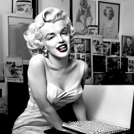 Image similar to Marilyn Monroe is very annoyed while trying to sell a dress on Vinted. She is sited in front of a computer in a large room with a lot of cartoon boxes in the background. 50 mm, award winning photography, contrasted.