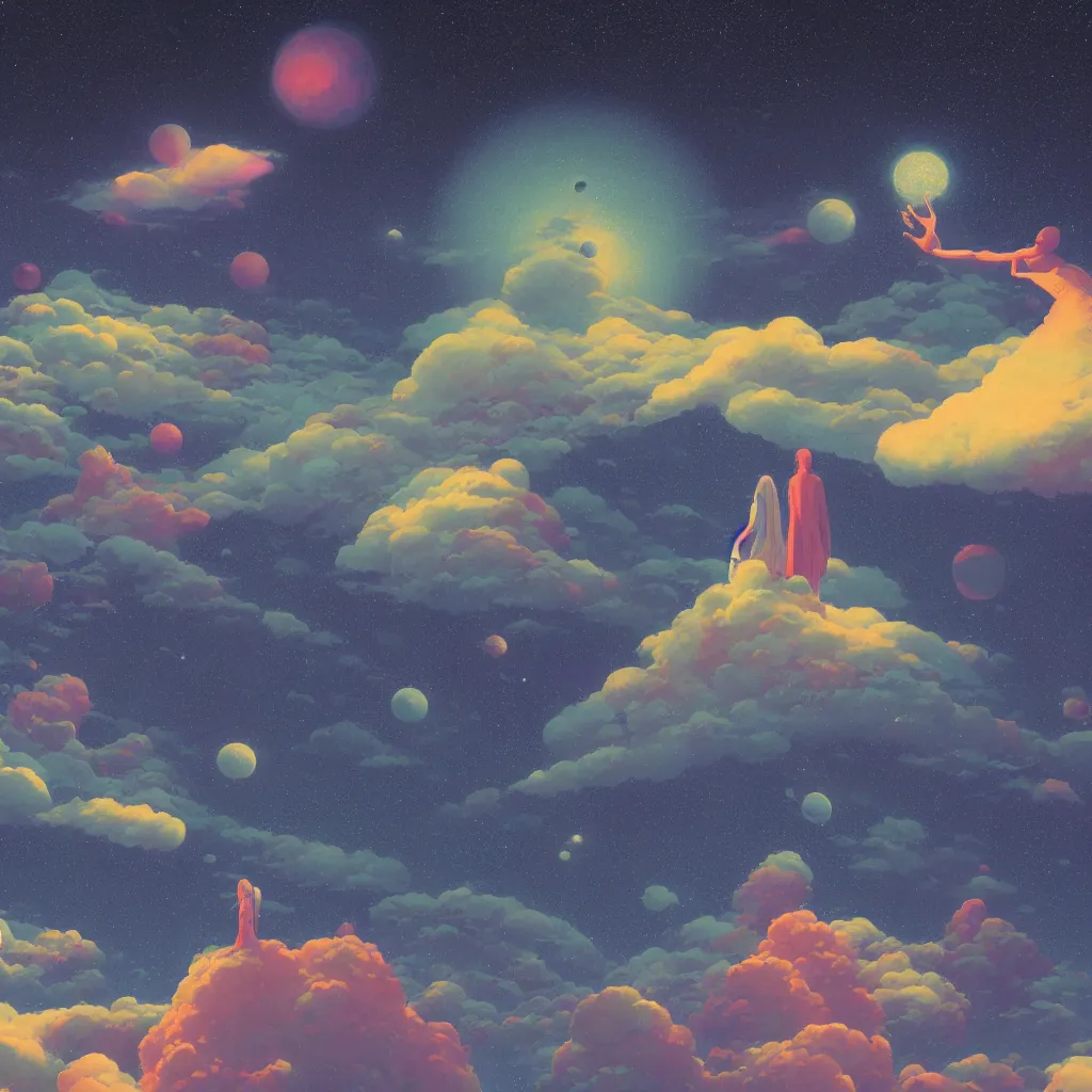 Image similar to a scifi multiverse scene in space of a spiritual being dreaming psychedelic hallucinations in cosmos, by kawase hasui, moebius, Edward Hopper and James Gilleard, Zdzislaw Beksinski, Steven Outram, unreal engine, highly rendered, hd, 8k, artstation