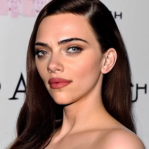 Image similar to a woman who is a genetic combination of kim kardashian and kat dennings and scarlett johansson and margot robbie and emma watson, face and upper - body focus