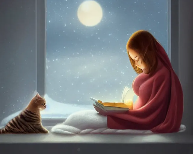 Image similar to a realistic beautiful warm matte painting of a woman curled up with a blanket reading a good book next to her friendly cat who is purring with eyes closed. they are both sitting next to a window as the sun sets in winter, by ross tran, trending on artstation, concept art, lofi, digital illustration