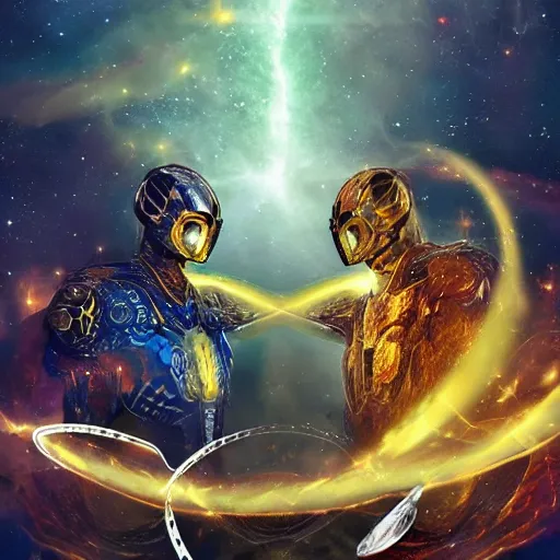 Prompt: the relentless battle between the guardians of space of time both of which are clothed with golden chains and galactic fog and a background overseeing the universe