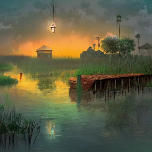 Prompt: digital art of small florida swamp fishing village on the side of the water, night time, dimly lit by lanterns, trending on artstation