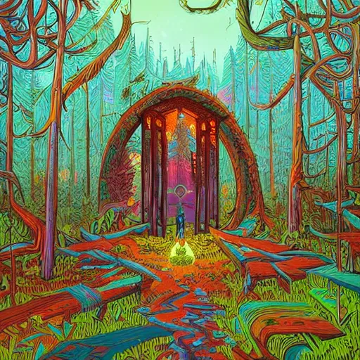 Prompt: A ruined portal with a spiritual and mystical sound in a forest by Howard Arkley, Anton Fadeev and Dan Mumford