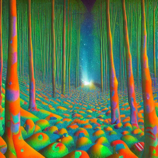 Image similar to psychedelic road trip lush pine forest, outer space, milky way, designed by arnold bocklin, jules bastien - lepage, tarsila do amaral, wayne barlowe and gustave baumann, cheval michael, trending on artstation, star, sharp focus, colorful refracted sparkles and lines, soft light, 8 k 4 k