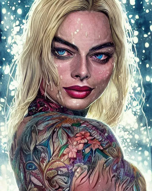 Prompt: margot robbie portrait with a tattooed wet body posing in a magical crochet bikini in a magical forest, beautiful eyes, light rain, realistic face, full body, fantasy art, in the style of artgerm, illustration, epic, fantasy, intricate, hyper detailed, artstation, concept art, smooth, sharp focus, ray tracing, vibrant, artgerm, award winning art