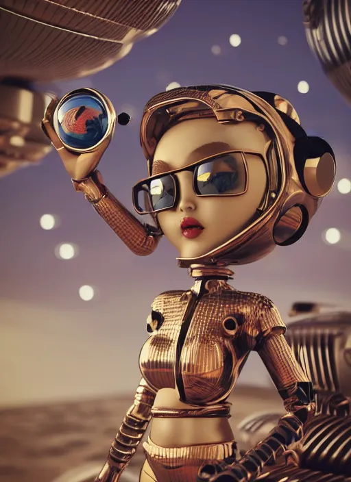 Prompt: closeup portrait of tin toy bikini spacegirl in a spaceship on venus, depth of field, zeiss lens, detailed, symmetrical, centered, fashion photoshoot, by nicoletta ceccoli, mark ryden, lostfish, breathtaking, 8 k resolution, extremely detailed, beautiful, establishing shot, artistic, hyperrealistic, octane render