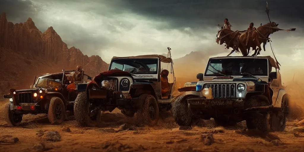 Image similar to Mahindra thar, tribe members attacking, action scene, an epic fantasy, dramatic lighting, cinematic, establishing shot, extremely high detail, photorealistic, cinematic lighting, artstation, by christopher nolan, horizon forbidden west