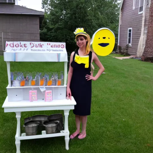 Prompt: a duck standing next to a lemonade stand