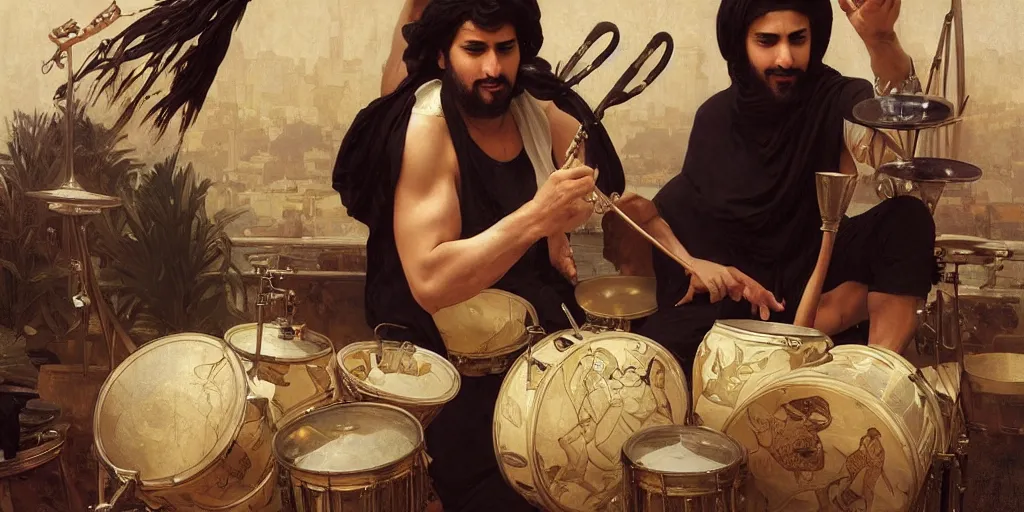 Image similar to a middle eastern rock drummer playing a modern rock drumset, the cymbals are replaced by ceramic food dishes, elegant, highly detailed, digital painting, artstation, concept art, smooth, sharp focus, illustration, art by artgerm and greg rutkowski and alphonse mucha and william - adolphe bouguereau